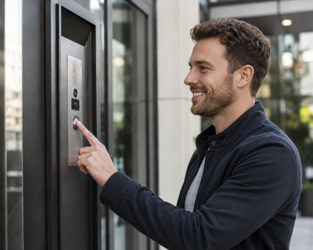 Visiteur utilisant un interphone de contr&ocirc;le d&rsquo;acc&egrave;s &agrave; l&rsquo;entr&eacute;e d&rsquo;un b&acirc;timent