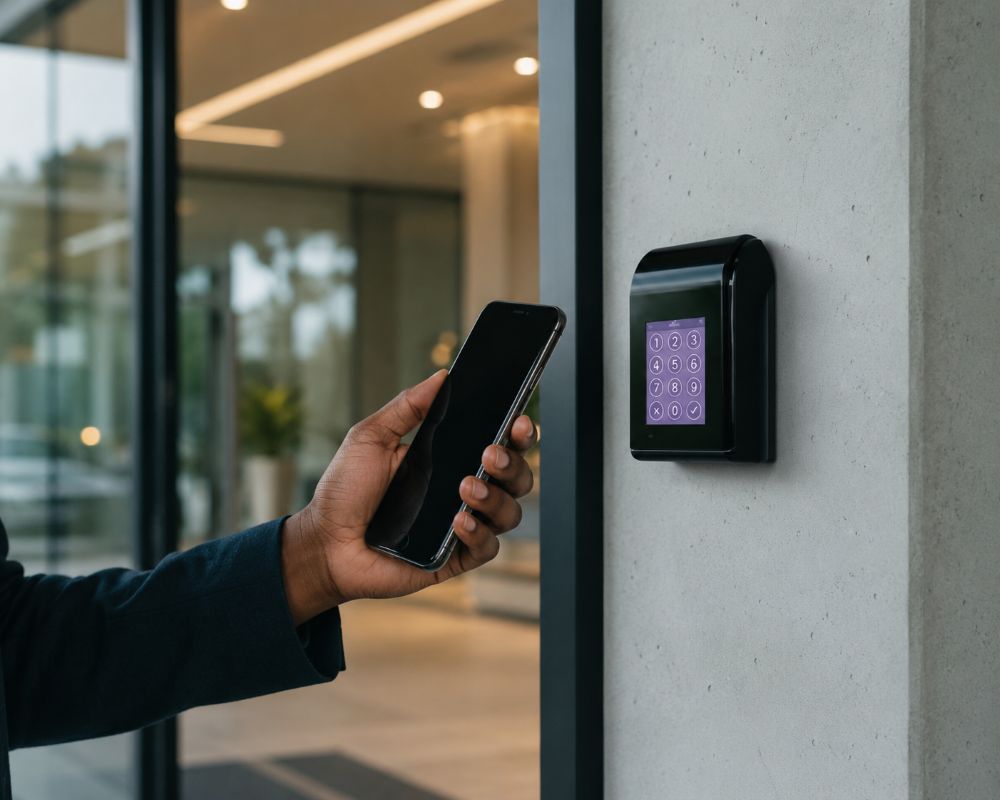 Badge d&eacute;mat&eacute;rialis&eacute; sur smartphone pr&eacute;sent&eacute; devant un lecteur de contr&ocirc;le d&rsquo;acc&egrave;s &agrave; l&rsquo;entr&eacute;e d&rsquo;un b&acirc;timent