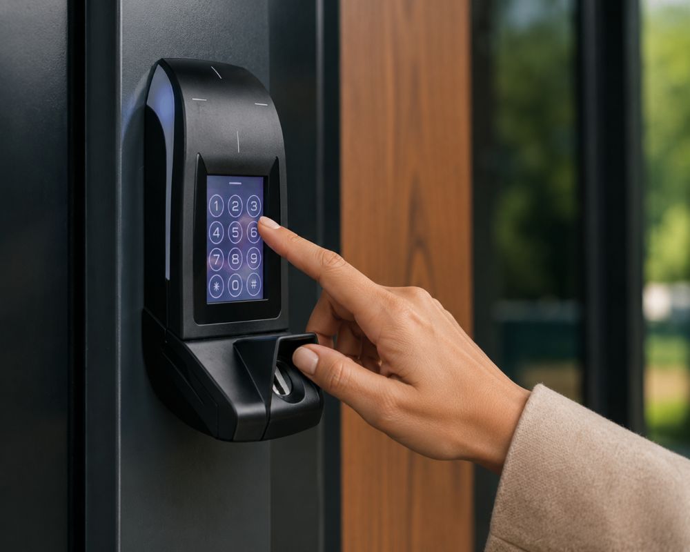 Clavier &agrave; code PIN pour contr&ocirc;le d&rsquo;acc&egrave;s install&eacute; sur une porte d&rsquo;entr&eacute;e moderne